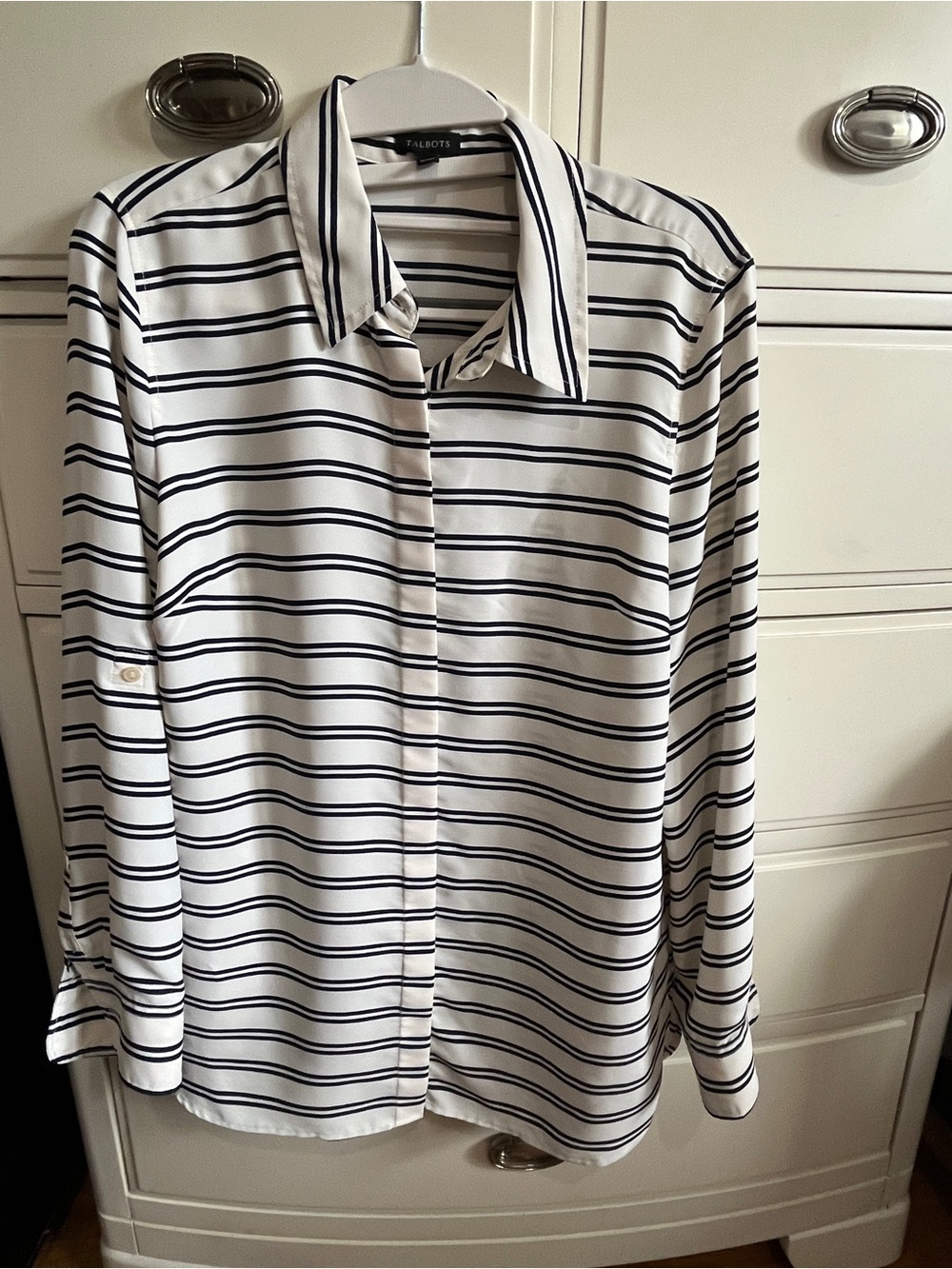 Talbots White and Navy Striped Button-Down Shirt